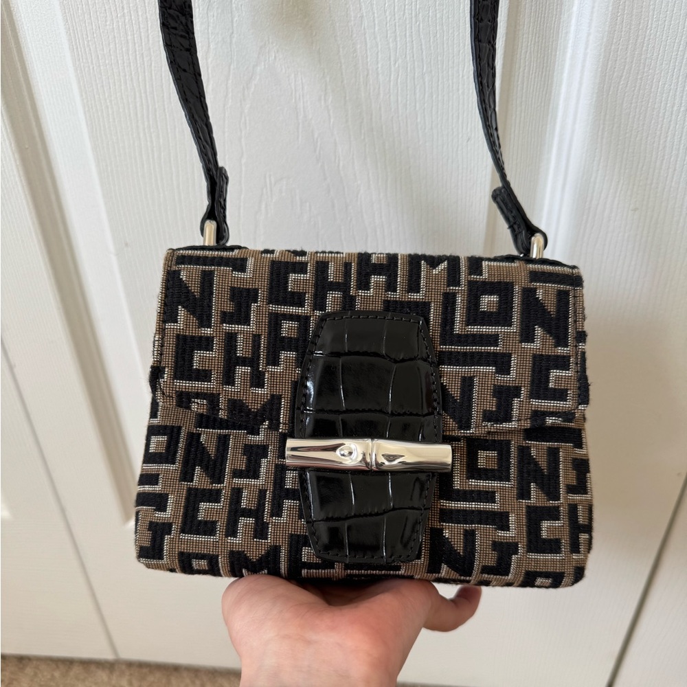 Longchamp Roseau Jacquard Mini crossbody in Taupe Black Made in France